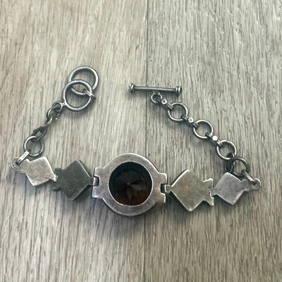 Vintage Faceted Smokey Quartz Gemstone Antique Silver Bracelet w Toggle Closure - Picture 3 of 4